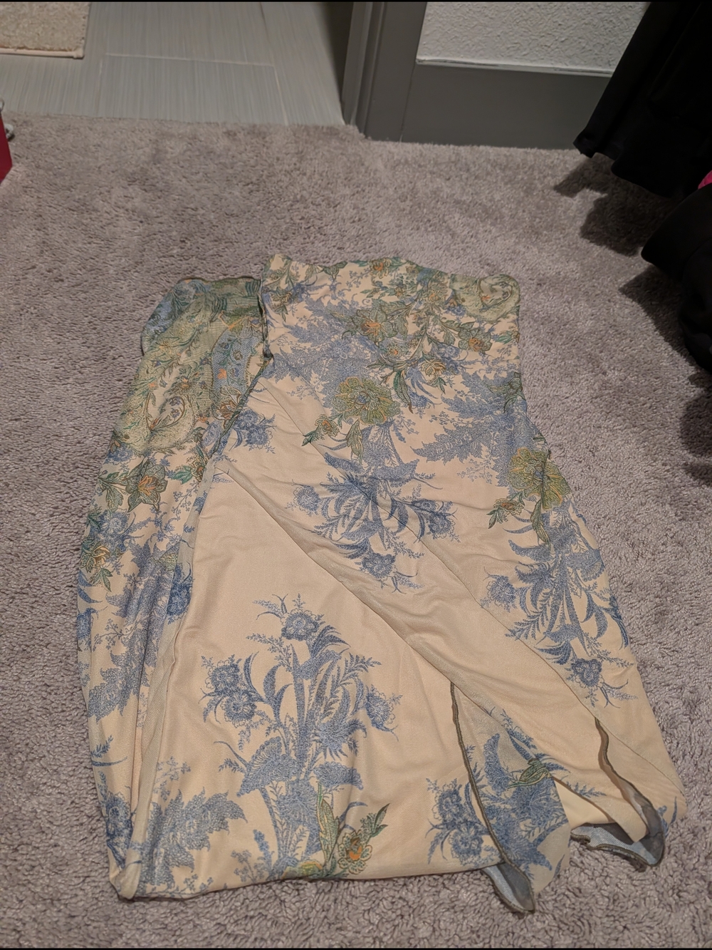Tiger Mist Cream Strapless Floral Dress with Blue & Green Print